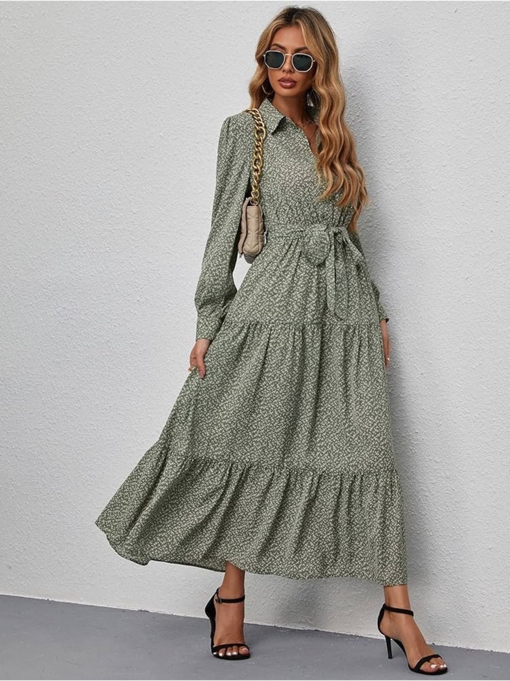 SHEIN Olive Green Floral Collared Tie-Waist Maxi Dress